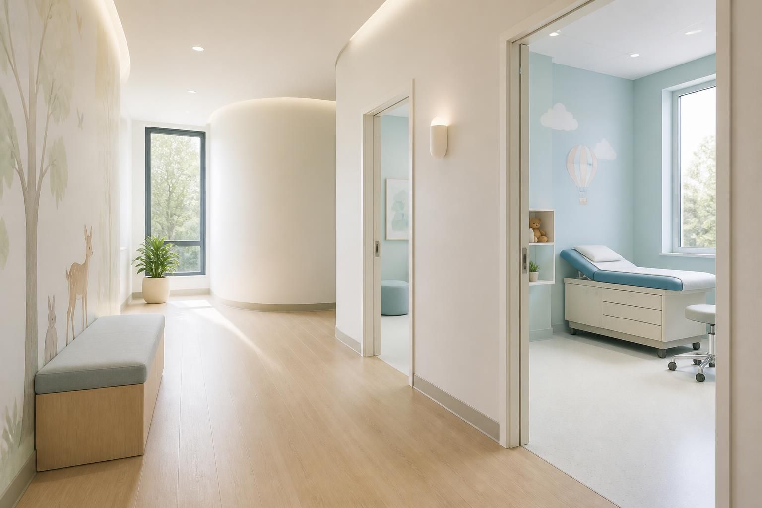 Bright pediatric clinic corridor with open space and soft natural light.