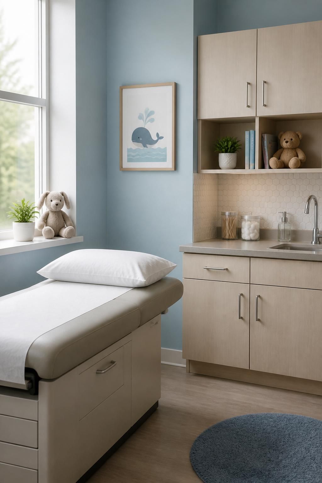 Modern pediatric exam room with a clean examination table and soft lighting.
