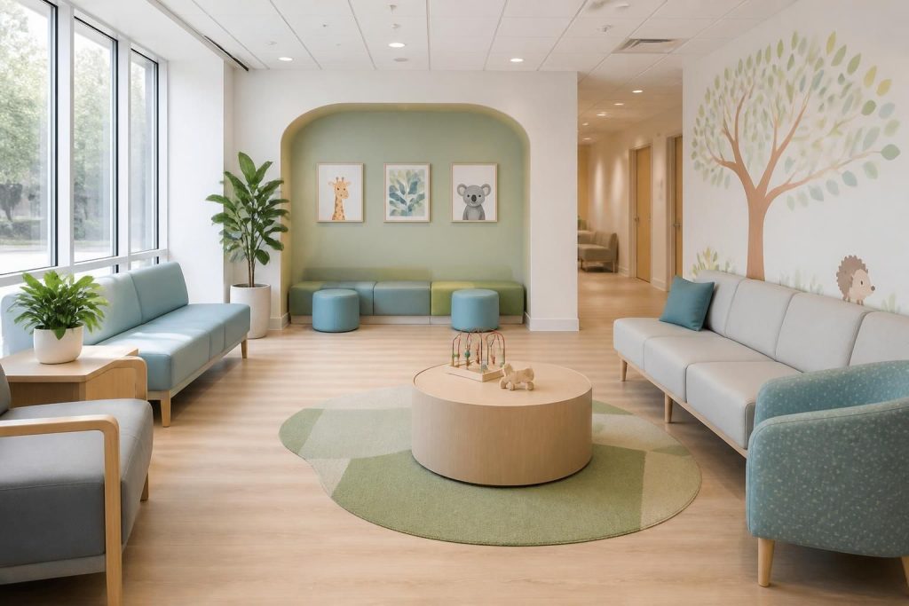 Bright pediatric urgent care waiting area with clean seating and calm light.